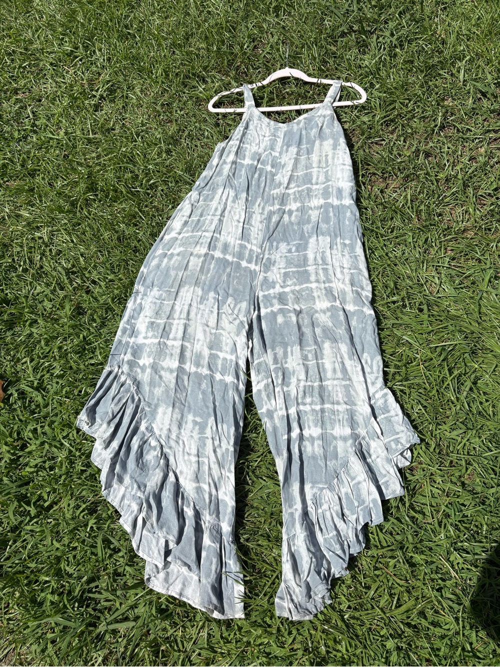 J.O.A. Gray Tie-Dye Ruffled Wide-Leg Jumpsuit